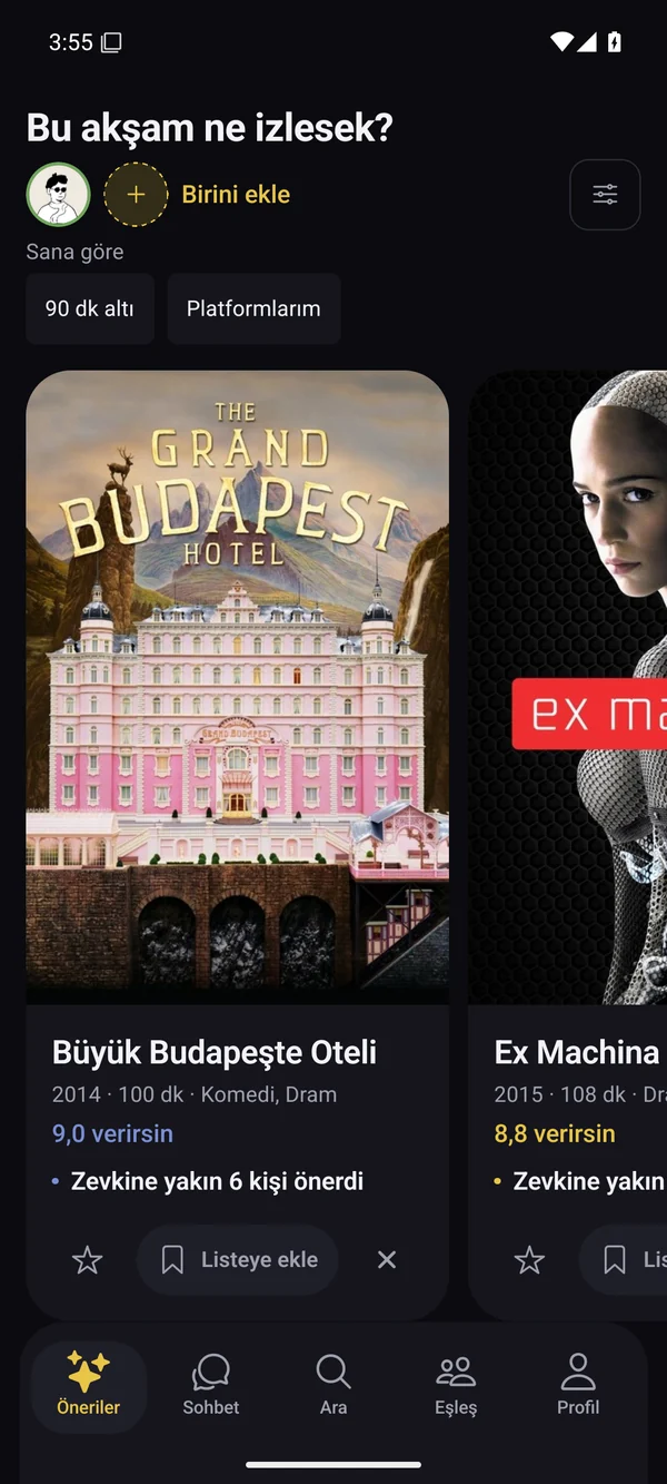 Film zevkine göre kişisel öneriler.